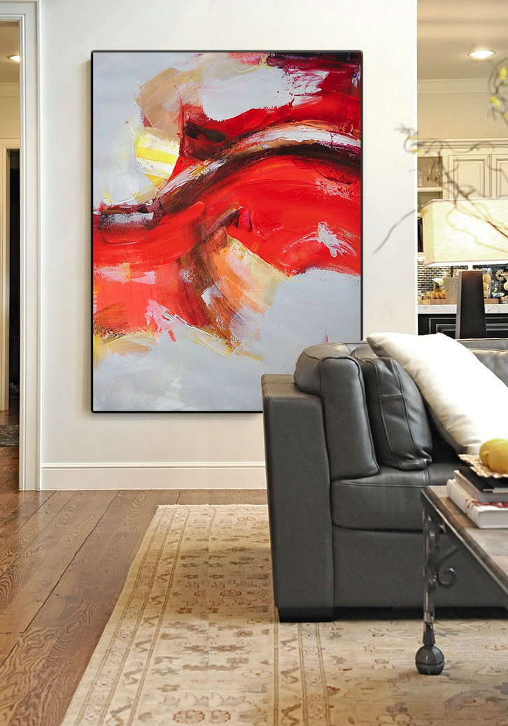 Large Abstract Art Handmade Oil Painting,Vertical Palette Knife Contemporary Art,Hand-Painted Canvas Art,Grey,Red,Yellow.Etc